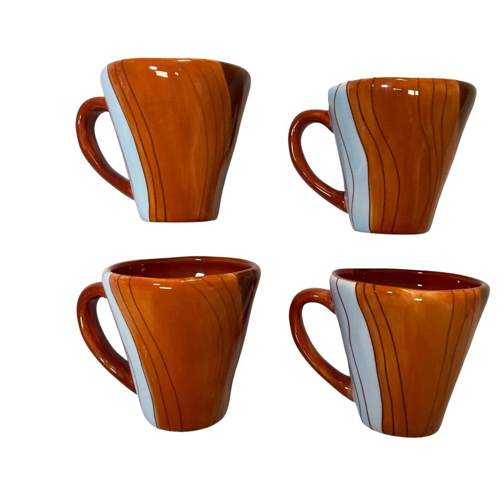 Pier 1 Canyon Stripe Hand Painted Earthenware Mug Set Orange White 4pc